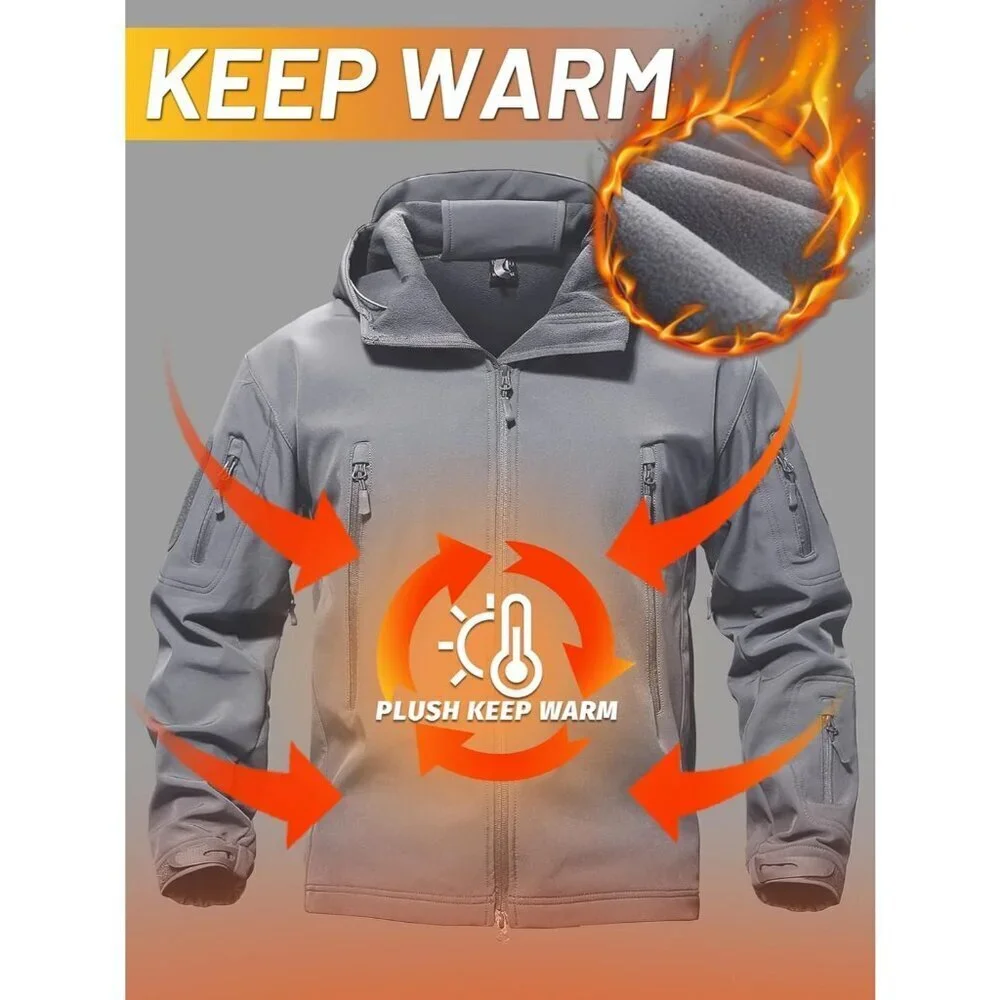 Men's #02-light Grey Tactical Soft Shell Winter Jacket with Fleece Lining & Hood